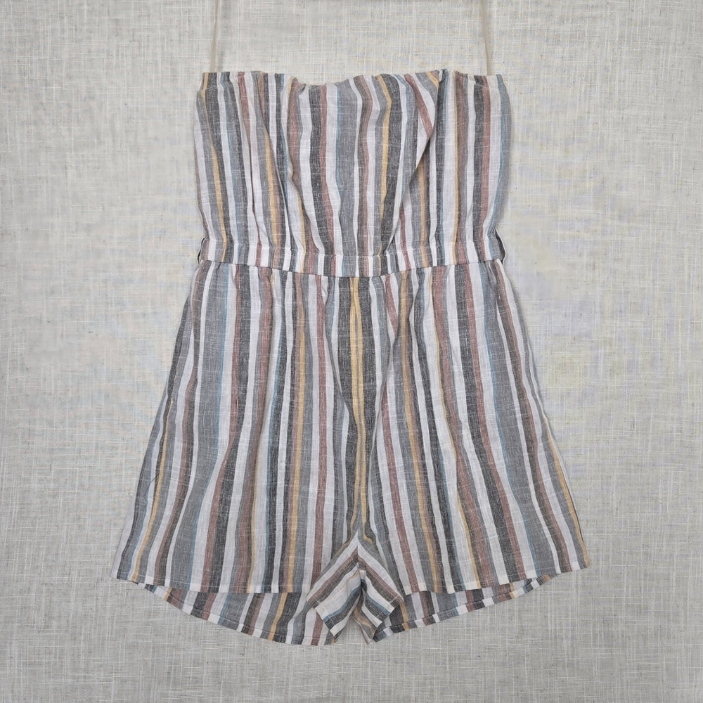 Derek Heart Tube Top Romper Short White Grey Colorful Striped Pockets Size L